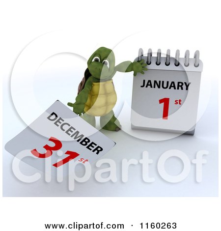 Clipart of a 3d Tortoise Tearing off a Calendar Page to New Years Day January 1st - Royalty Free CGI Illustration by KJ Pargeter
