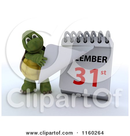Clipart of a 3d Tortoise Tearing off a Calendar Page to New Years Eve December 31st - Royalty Free CGI Illustration by KJ Pargeter