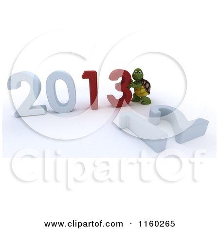 Clipart of a 3d Tortoise Pushing Together the Year 2013 and Knocking down 12 - Royalty Free CGI Illustration by KJ Pargeter