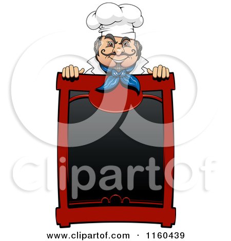 Clipart of a Happy Male Chef Behind a Menu Sign - Royalty Free Vector Illustration by Vector Tradition SM