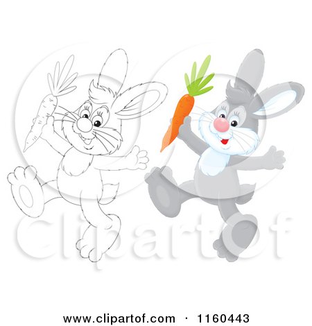 Cartoon of Outlined and Gray Bunnies Walking with Carrots - Royalty Free Clipart by Alex Bannykh