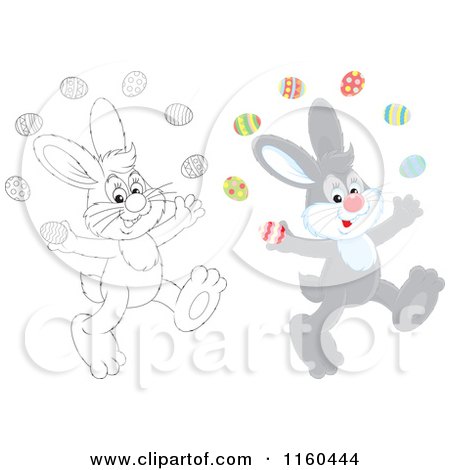 Cartoon of Gray and Outlined Easter Bunnies Juggling Eggs - Royalty Free Vector Clipart by Alex Bannykh