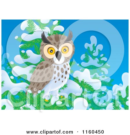Cartoon of a Spotted Owl Perched in a Snow Flocked Tree - Royalty Free Clipart by Alex Bannykh