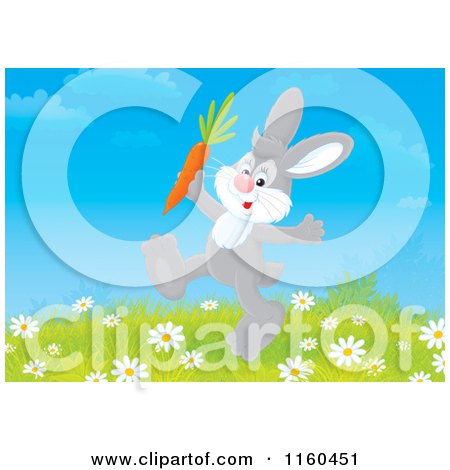 Cartoon of a Gray Bunny Walking with a Carrot - Royalty Free Clipart by Alex Bannykh