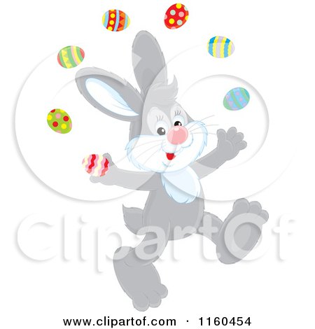 Cartoon of a Gray Easter Bunny Juggling Eggs - Royalty Free Vector Clipart by Alex Bannykh