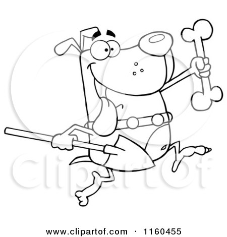 Cartoon of an Outlined Excited Dog Running with a Shovel to Bury a Bone - Royalty Free Vector Clipart by Hit Toon