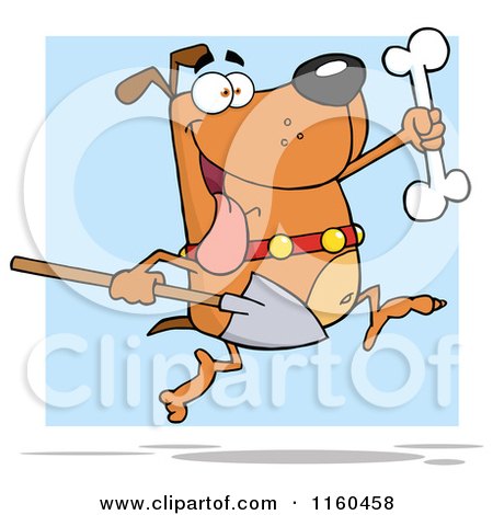 Cartoon of an Excited Dog Running with a Shovel to Bury a Bone over Blue - Royalty Free Vector Clipart by Hit Toon