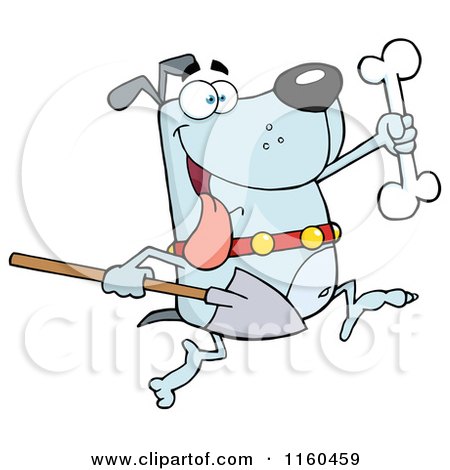 Cartoon of an Excited Blue Dog Running with a Shovel to Bury a Bone - Royalty Free Vector Clipart by Hit Toon