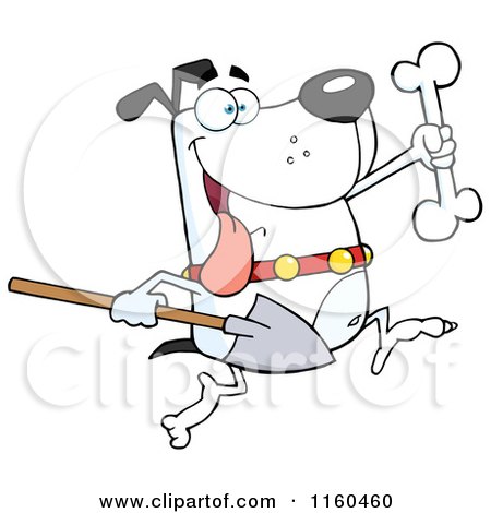 Cartoon of an Excited White Dog Running with a Shovel to Bury a Bone - Royalty Free Vector Clipart by Hit Toon