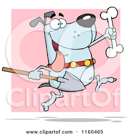 Cartoon of an Excited Blue Dog Running with a Shovel to Bury a Bone over Pink - Royalty Free Vector Clipart by Hit Toon