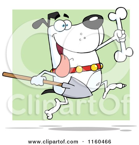 Cartoon of an Excited White Dog Running with a Shovel to Bury a Bone over Green - Royalty Free Vector Clipart by Hit Toon