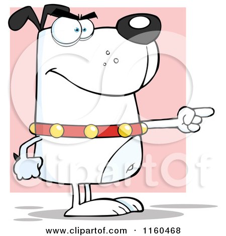 Cartoon of an Angry White Dog Standing and Pointing over Pink - Royalty Free Vector Clipart by Hit Toon