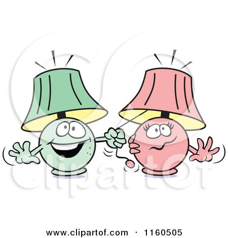 Cartoon of a Green Lamp Mascot Pulling on a Pink Lamps String You Light up My Life - Royalty Free Vector Clipart by Johnny Sajem