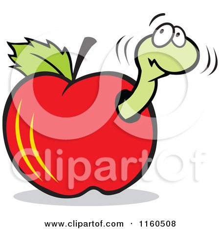 Cartoon of a Nervous Worm Eating a Red Apple - Royalty Free Vector Clipart by Johnny Sajem