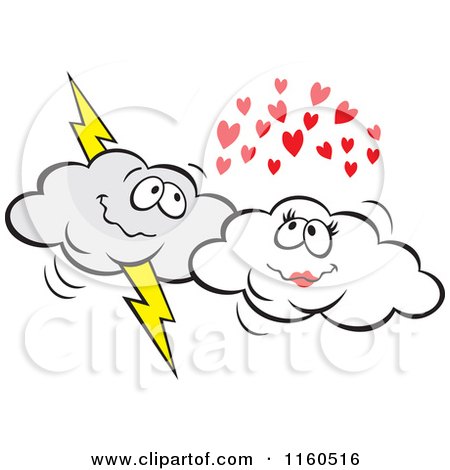Cartoon of a Lightning Cloud and Puffy Cloud Couple - Royalty Free Vector Clipart by Johnny Sajem