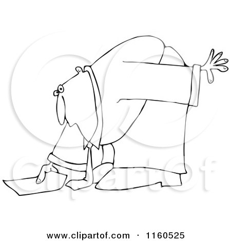 Cartoon of an Outlined Businessman Bending over to Pick up a Piece of Paper - Royalty Free Vector Clipart by djart