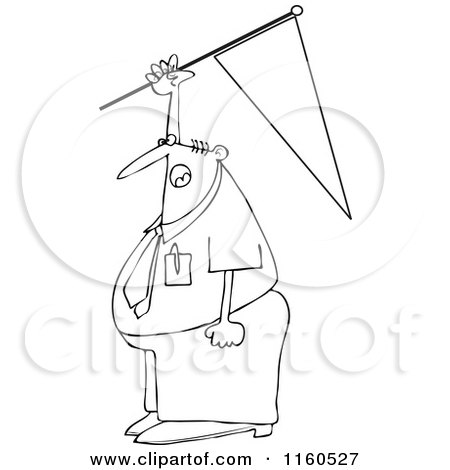 Cartoon of an Outlined Businessman Holding up a Pennant Flag - Royalty Free Vector Clipart by djart