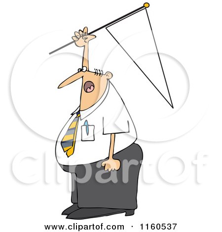Cartoon of a Caucasian Businessman Holding up a Pennant Flag - Royalty Free Vector Clipart by djart