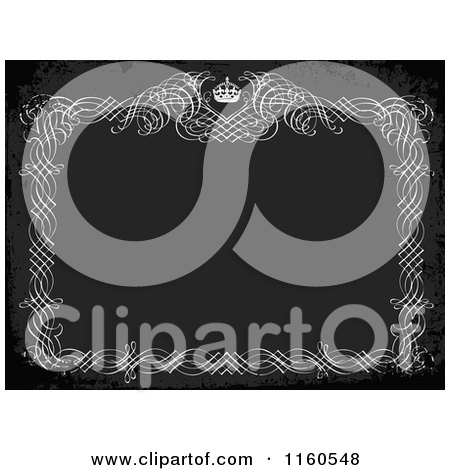 Clipart of a Black and White Distressed Frame with Swirls and a Crown Around Copyspace - Royalty Free Vector Illustration by BestVector