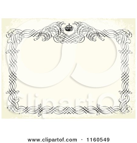 Clipart of a Black and Beige Distressed Frame with Swirls and a Crown Around Copyspace - Royalty Free Vector Illustration by BestVector