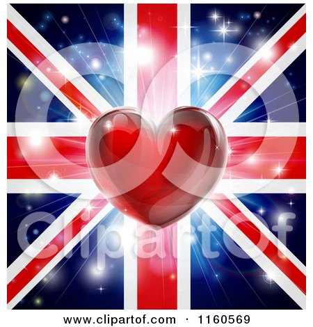 Clipart of a Shiny Heart over a Union Jack with Fireworks - Royalty Free Vector Illustration by AtStockIllustration