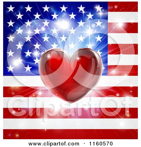 Clipart of a Shiny Red Heart and Fireworks over an American Flag - Royalty Free Vector Illustration by AtStockIllustration