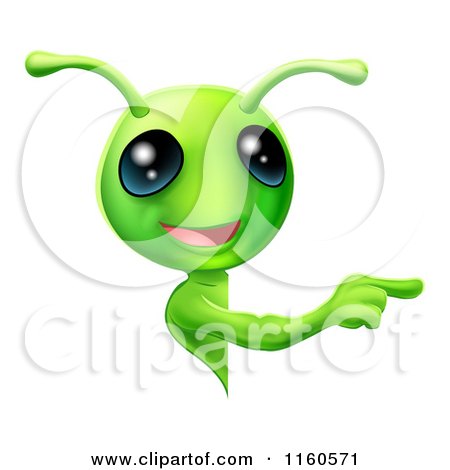 Cartoon of a Cute Green Alien Looking Around a Sign and Pointing - Royalty Free Vector Clipart by AtStockIllustration