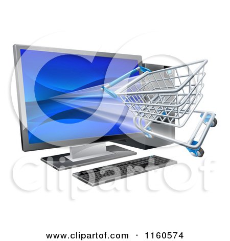 Clipart of a 3d Shopping Cart Flying Through a Desktop Computer Screen - Royalty Free Vector Illustration by AtStockIllustration