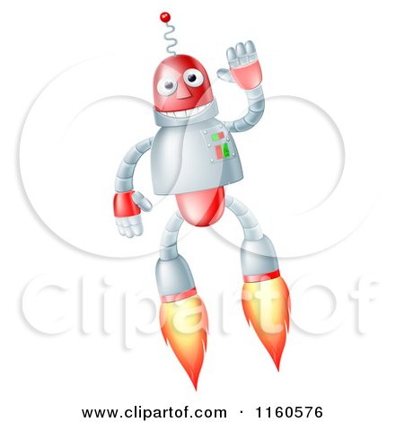 Cartoon of a Waving Flying Robot with Boosters - Royalty Free Vector Clipart by AtStockIllustration