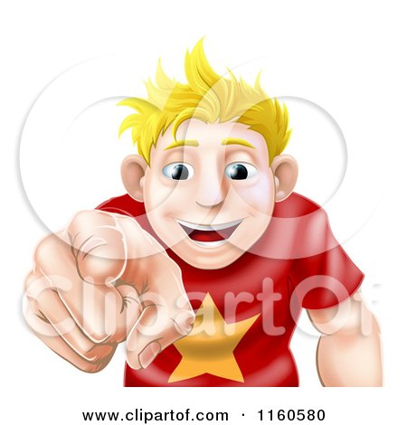 Cartoon of a Happy Young Blond Man Pointing Outwards - Royalty Free Vector Clipart by AtStockIllustration