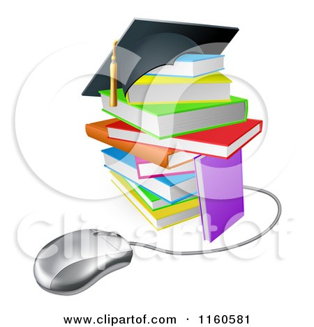 Clipart of a Colorful Stack of Books with a Graduation Cap and Computer Mouse - Royalty Free Vector Illustration by AtStockIllustration