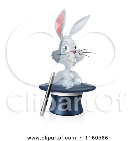 Cartoon of a Happy Rabbit Grinning in a Magic Hat by a Wand - Royalty Free Vector Clipart by AtStockIllustration