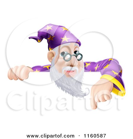 Clipart of a Friendly Male Wizard Looking over and Pointing down at a Sign - Royalty Free Vector Illustration by AtStockIllustration