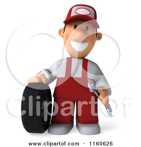 Clipart of a 3d Mechanic in Red Overalls, Standing by a Tire - Royalty Free CGI Illustration by Julos