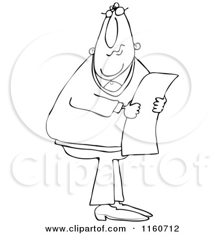 Cartoon of an Outlined Man Wearing Glasses and Reading a Long Document - Royalty Free Vector Clipart by djart