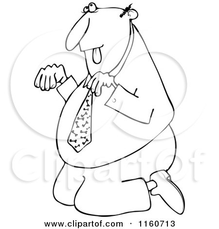Cartoon of an Outlined Businessman Begging on His Knees - Royalty Free Vector Clipart by djart