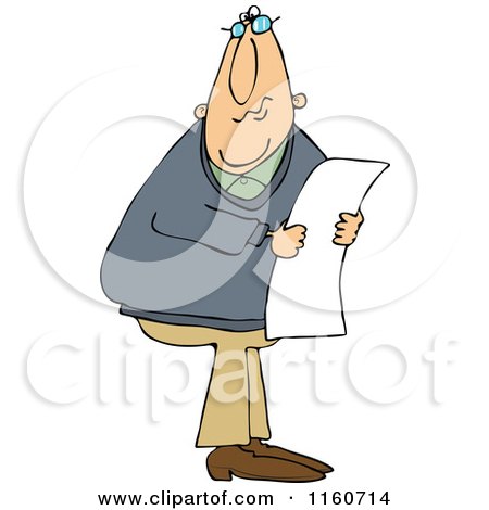 Cartoon of a Caucasian Man Wearing Glasses and Reading a Long Document - Royalty Free Vector Clipart by djart