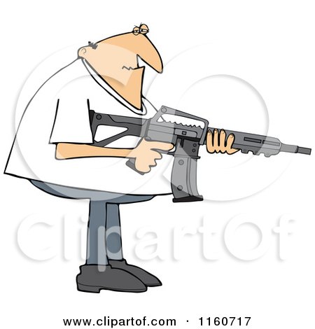 Cartoon of a Casual Man Holding a Semi Automatic Assault Rifle with a Clip - Royalty Free Vector Clipart by djart