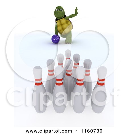 Clipart of a 3d Tortoise Bowling with Pins in the Foreground - Royalty Free CGI Illustration by KJ Pargeter