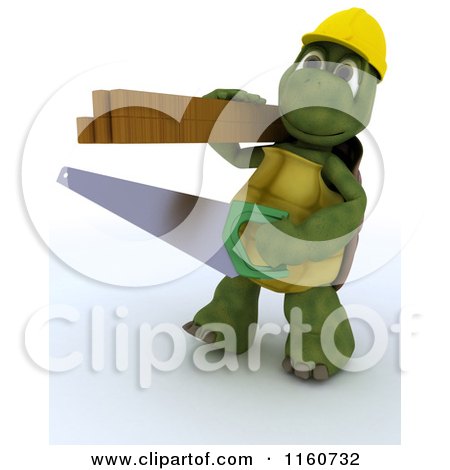 Clipart of a 3d Tortoise Carpenter Carrying a Saw and Lumber - Royalty Free CGI Illustration by KJ Pargeter