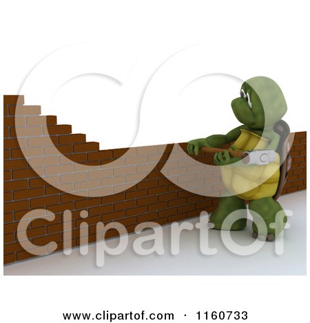 Clipart of a 3d Tortoise Mason Contractor Building a Brick Wall - Royalty Free CGI Illustration by KJ Pargeter