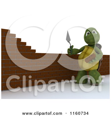 Clipart of a 3d Tortoise Mason Contractor Building a Brick Wall 2 - Royalty Free CGI Illustration by KJ Pargeter