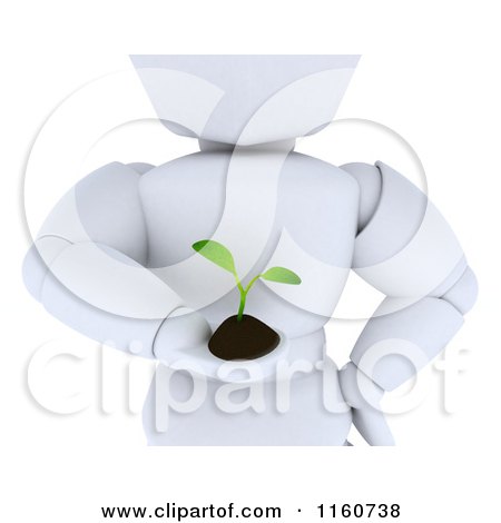 Clipart of a 3d Cropped White Character Holding out a Seedling Plant and Soil - Royalty Free CGI Illustration by KJ Pargeter