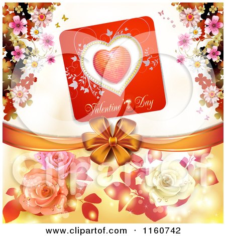 Clipart of a Valentines Day Background with Roses Blossoms and a Bow - Royalty Free Vector Illustration by merlinul