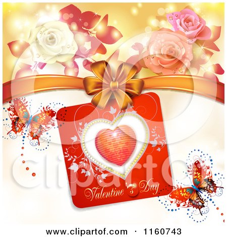Clipart of a Valentines Day Background with Roses Butterflies and a Bow - Royalty Free Vector Illustration by merlinul