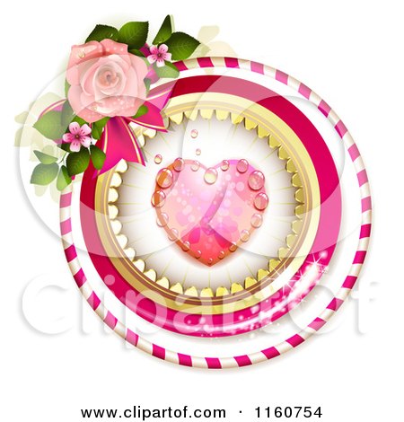 Clipart of a Dewy Pink Heart in Frames with Blossoms and a Rose - Royalty Free Vector Illustration by merlinul