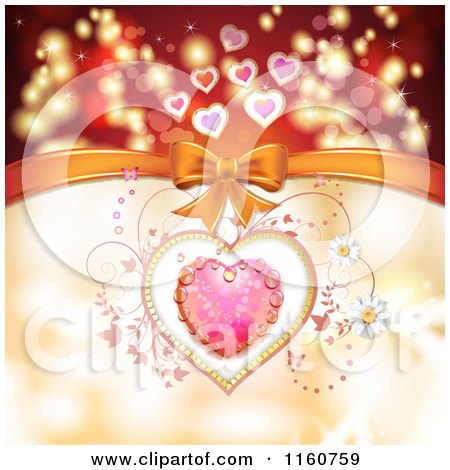 Clipart of a Valentines Day Background of a Dewy Pink Heart and Vines with a Bow - Royalty Free Vector Illustration by merlinul
