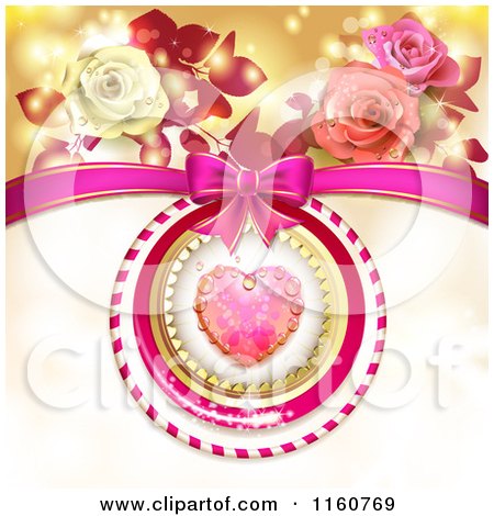 Clipart of a Valentines Day Background of a Dewy Pink Heart Roses and a Bow - Royalty Free Vector Illustration by merlinul