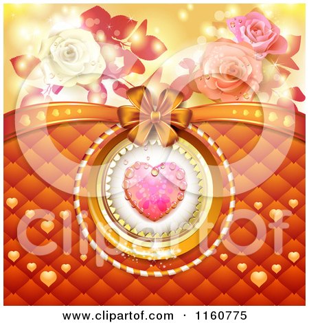 Clipart of a Valentines Day Background of a Dewy Pink Heart with Padding Roses and a Bow - Royalty Free Vector Illustration by merlinul