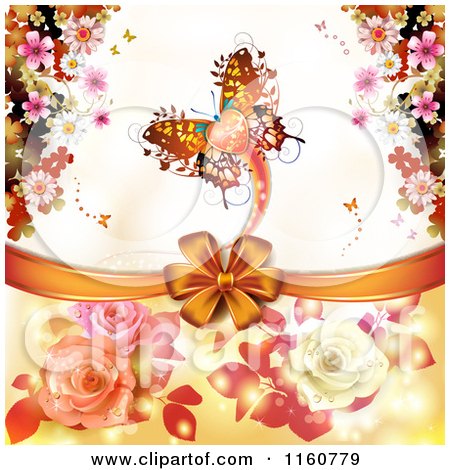 Clipart of a Valentines Day or Wedding Background with Roses Butterflies and Hearts - Royalty Free Vector Illustration by merlinul